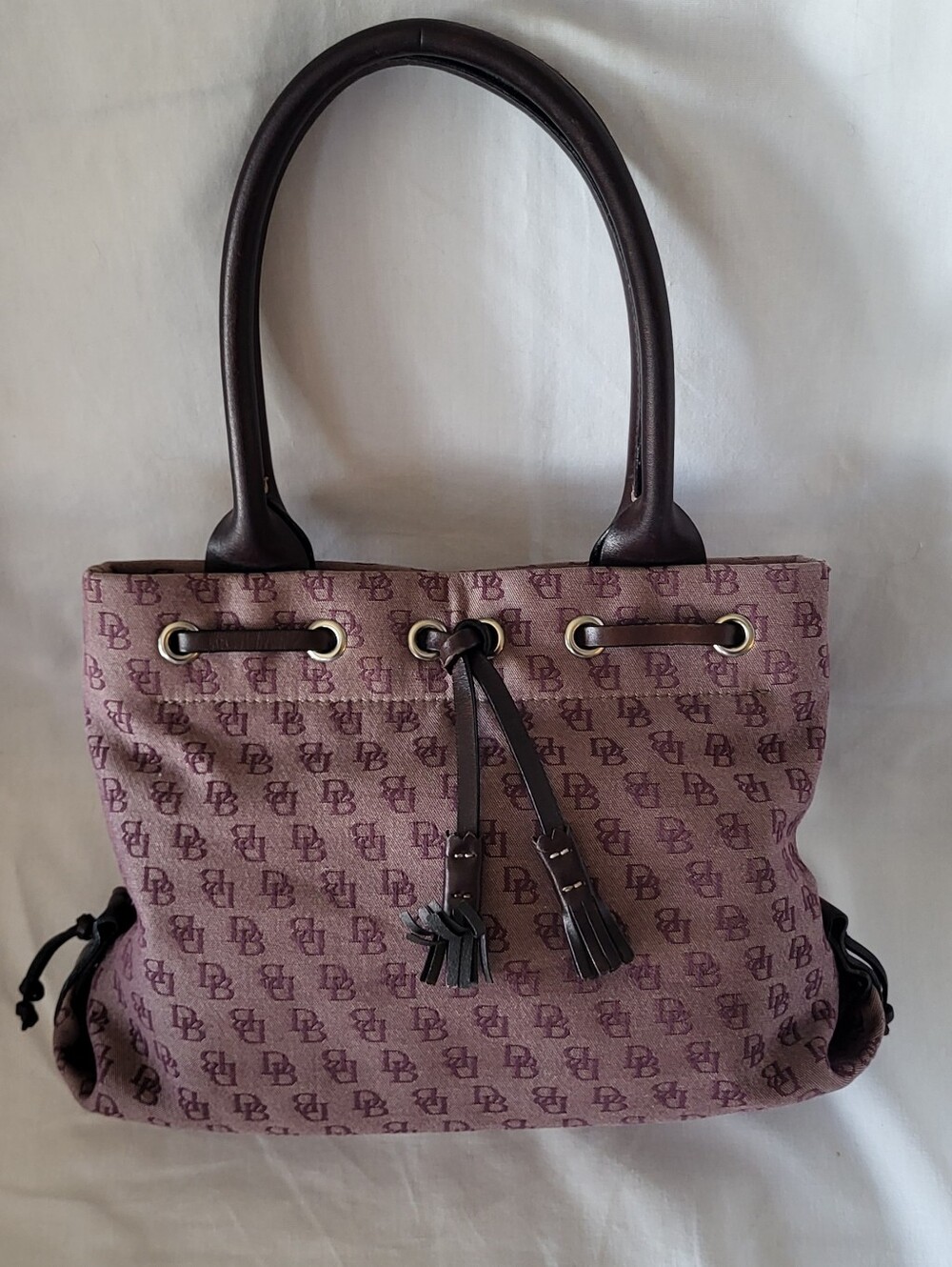 Dooney & Bourke Plum Monogram Mini Tassel Tote with Leather Trim